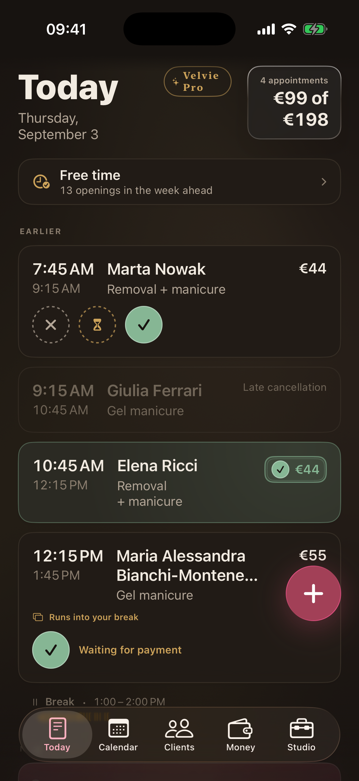 Velvie — today's appointments at a glance