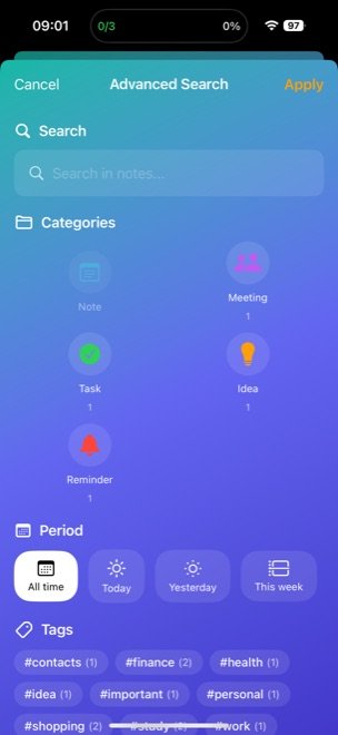 VoiceNotes advanced search and categories